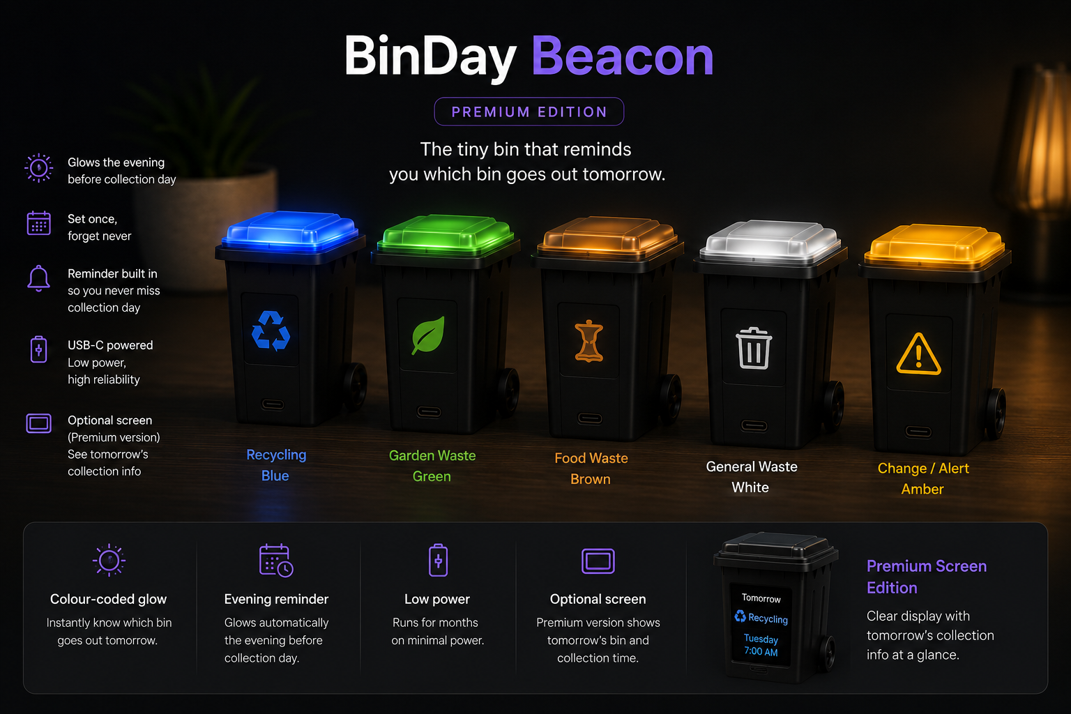 BinDay Beacon Pro — mini glowing wheelie bin concept